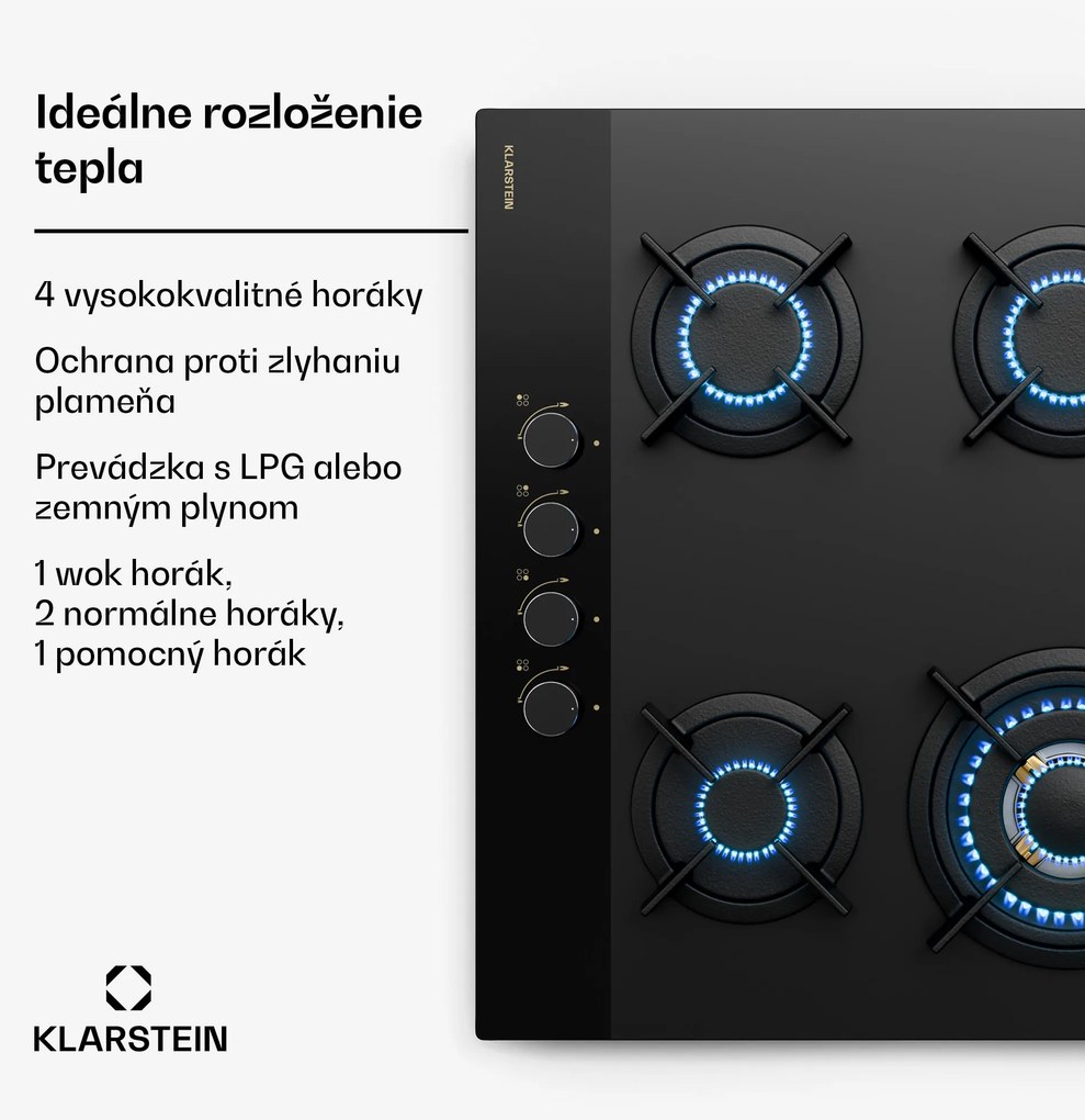Klarstein Goldflame Nano plynová varná doska, 4 mosadzné horáky, Nano povlak, LPG/zemný plyn
