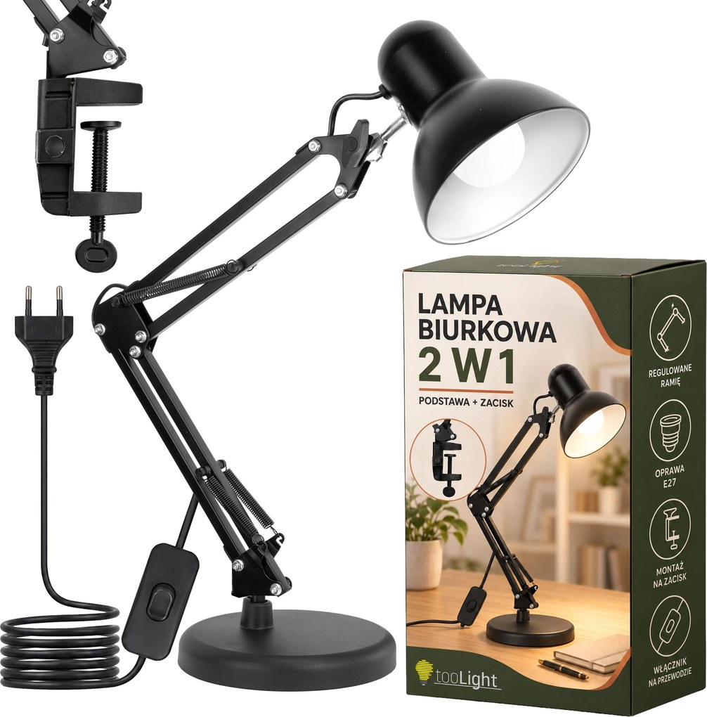 Toolight Toolight, JNH043-1TD, stolná lampa 2v1 s podstavcom a svorkou, 1× E27, čierna, OSW-56234