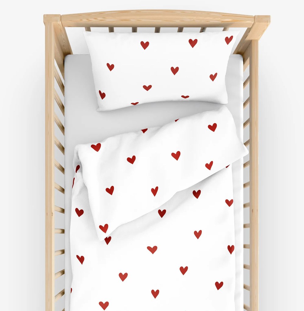 Goldea detské bavlnené obliečky do postieľky - červené srdiečka na bielom 100 x 135 a 40 x 60 cm