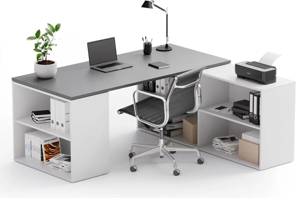 Kancelársky písací stôl s úložným priestorom BLOCK B01, 180 × 160 cm, biela/grafit