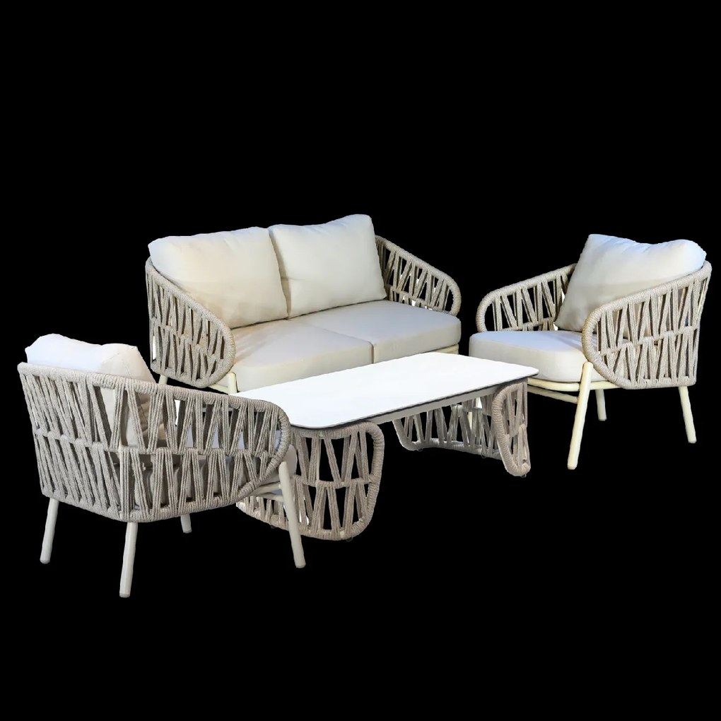 SÚPRAVA HLINÍKOVÉHO NÁBYTKU (SOFA + 2 KRESLÁ + KAVIARENSKÝ STOLÍK) BEŽOVÁ + BEŽOVÉ VANKÚŠE *0418