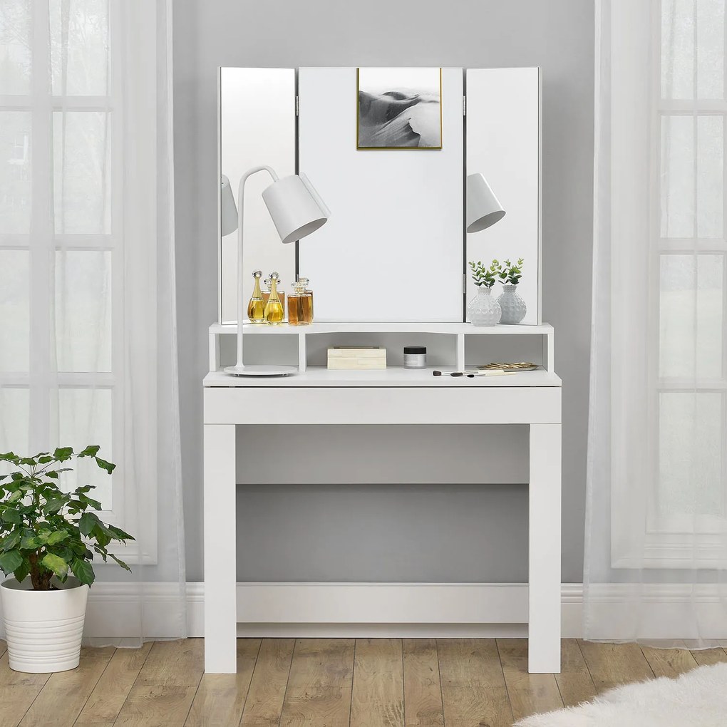InternetovaZahrada - Toaletný stolík Marla s trojitým zrkadlom v bielej farbe