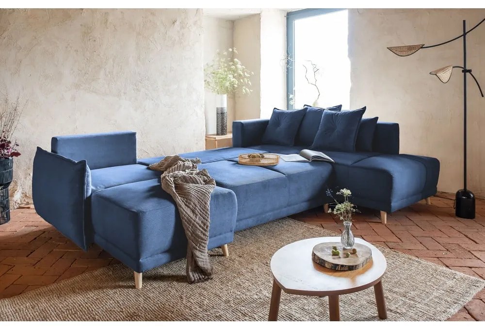 Tmavomodrá menčestrová rozkladacia rohová pohovka (pravý roh/do "U") Lazy Lukka – Miuform