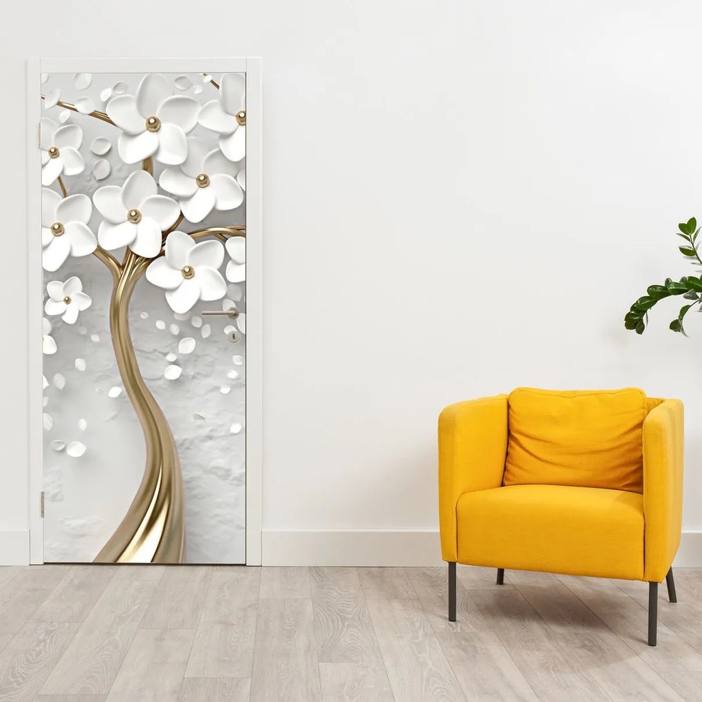 Fototapeta na dvere - Biely strom s kvetinami (95x205cm)
