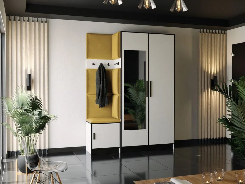 Predsieňová stena s čalúneným panelom JANKA Farba čalúnenia: Čierna ekokoža, Farba korpusu: Biela