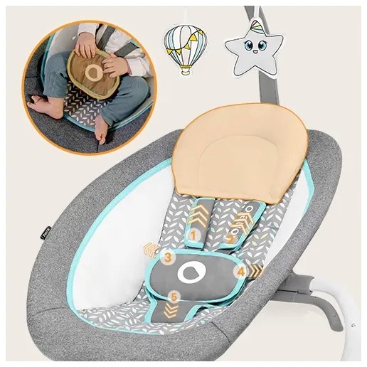 Lionelo - Detské vibrujúce hojdacie lehátko s melódiou PASCAL 2xAA šedá/tyrkysová