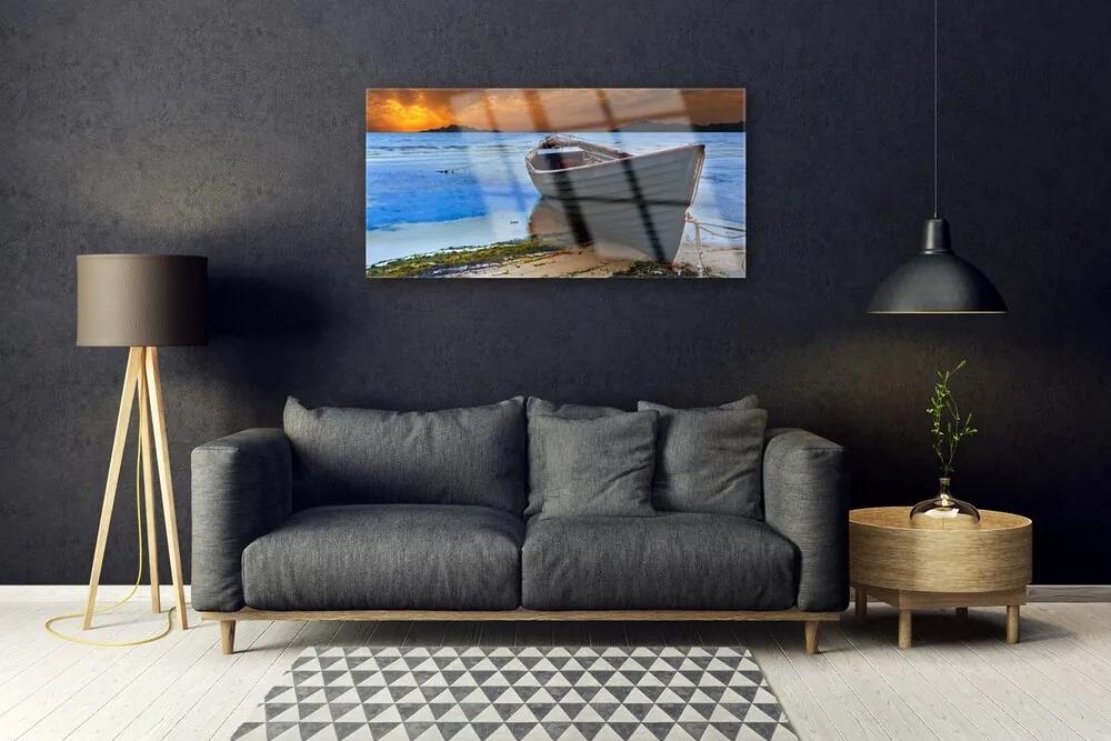 Skleneny obraz Loď more pobrežie pláž 100x50 cm