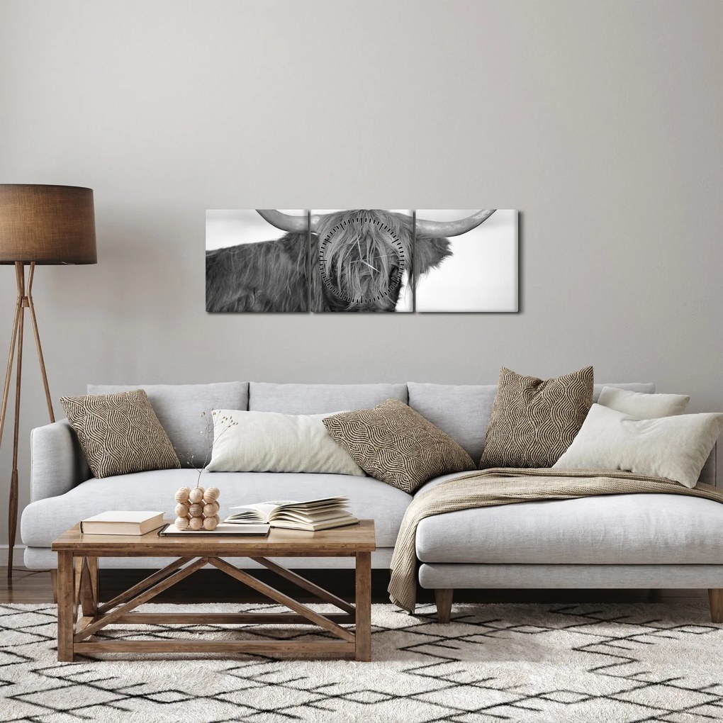Obraz - Škótska krava 2, čiernobiela (s hodinami) (90x30 cm)
