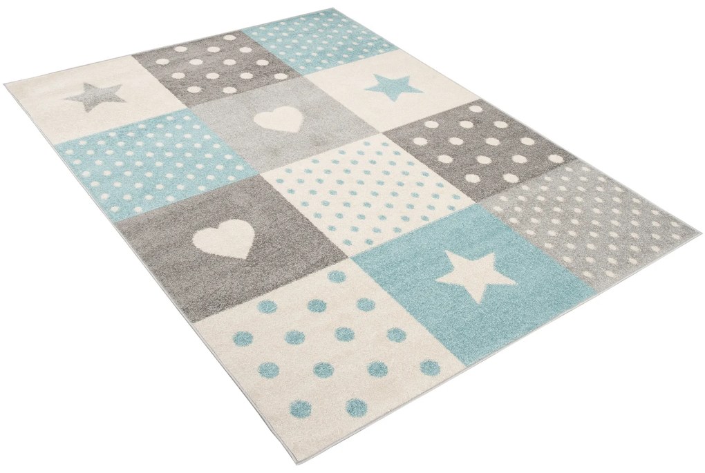 Kusový koberec AZUR srdiečka a hviezdičky - šedý/tyrkysový/biely