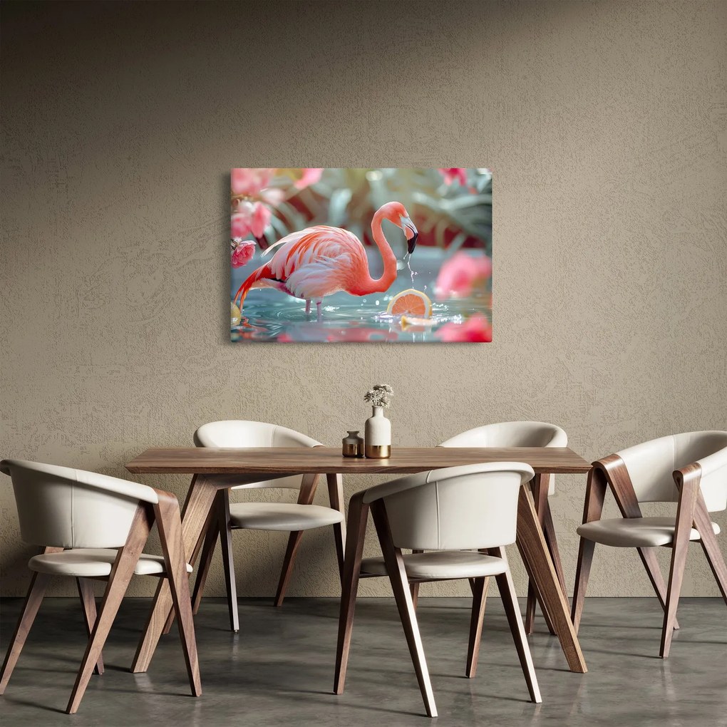 Obraz - Plameniak v jazierku (90x60 cm)