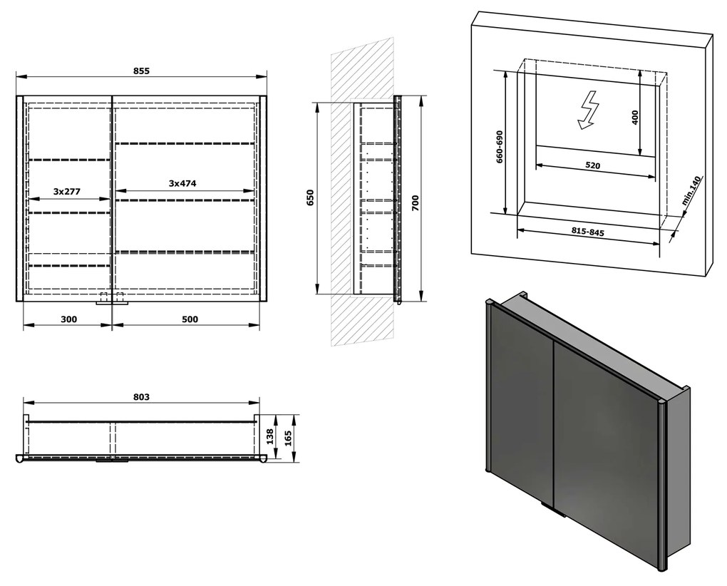 Sapho, INTEGRA zápustná galérka s LED osvetlením, 85x70cm, IN085