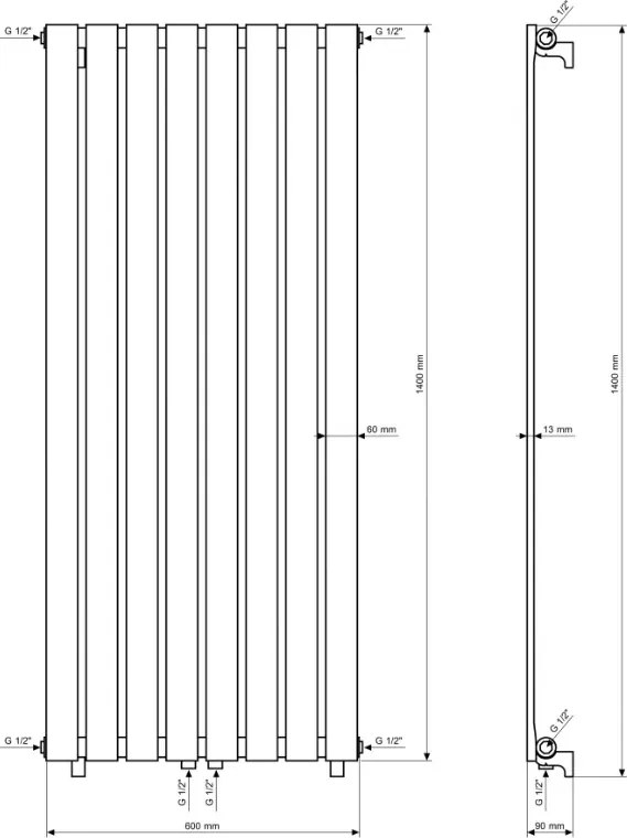 Gamma Vertical, vykurovacie teleso 600x1400 mm, 916 W, čierna matná, GMA-VERT-14060-BK