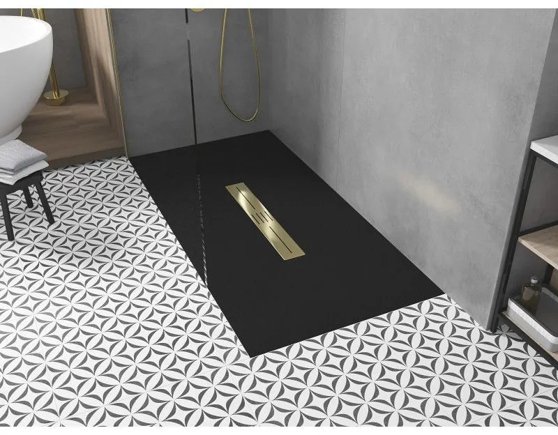 Mexen Toro, SMC obdĺžniková sprchová vanička 200 x 70 cm, čierna, zlatá krytka, 43707020-G