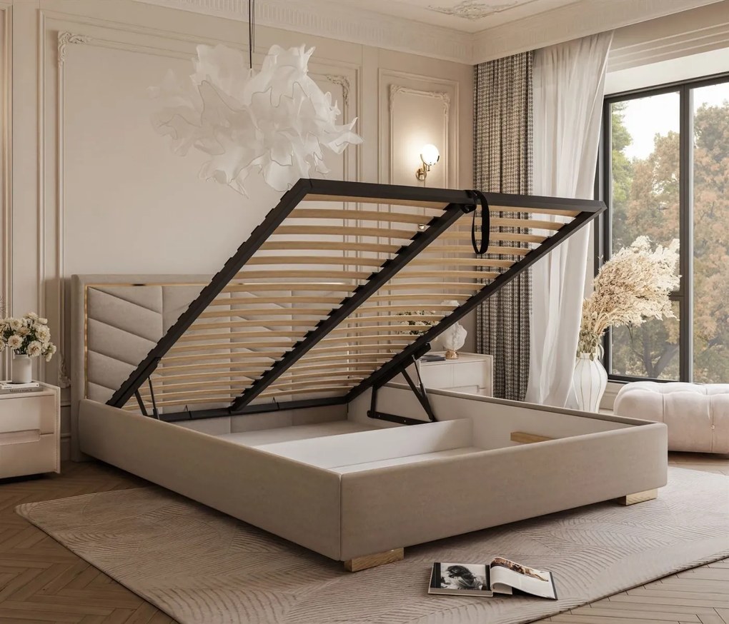 ČALÚNENÁ POSTEĽ NESSIE 140x200 BÉŽOVÁ ZAMATOVÁ LÁTKA S ROŠTOM