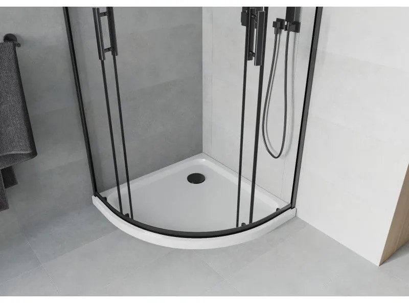 Mexen Rio, štvrťkruhový sprchovací kút s posuvnými dverami 90 x 90 cm, 6mm číre sklo, čierny profil + biela sprchová vanička, 863-090-090-70-00-4110B