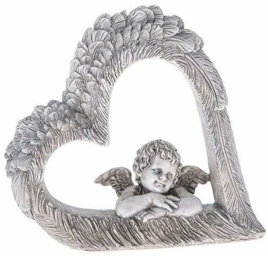 Dekorácia srdca s anjelom, šedá, polyresin, 14,5 x 13,5 x 4 cm