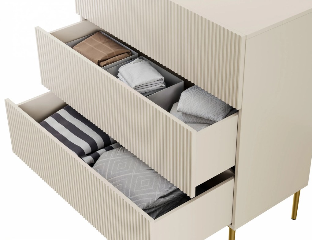 Komoda Nicole 100 cm so zásuvkami a ryhovaným čelom - kasmír / zlaté nožičky