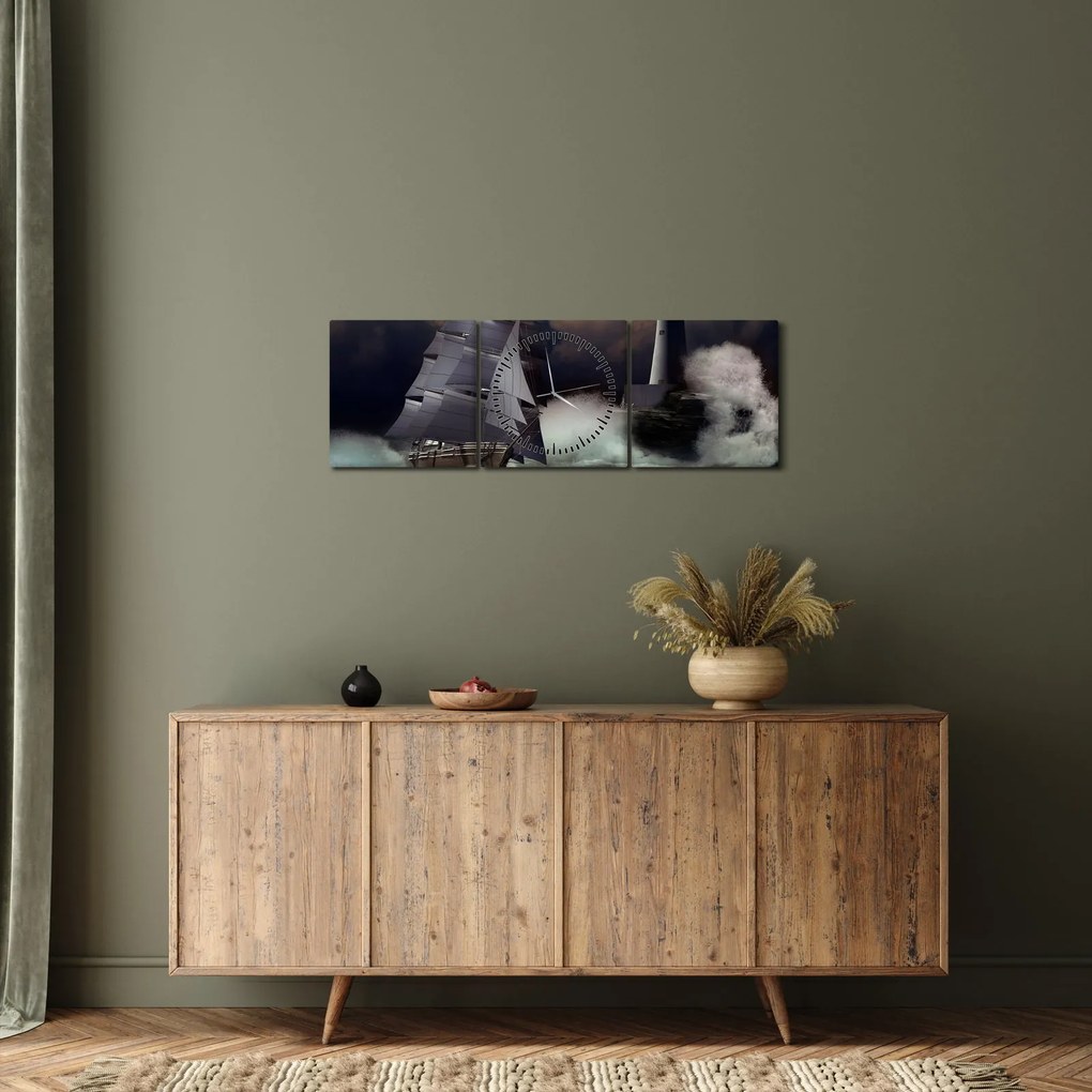 Obraz - Loď plávajúca cez búrlivé vlny (s hodinami) (90x30 cm)
