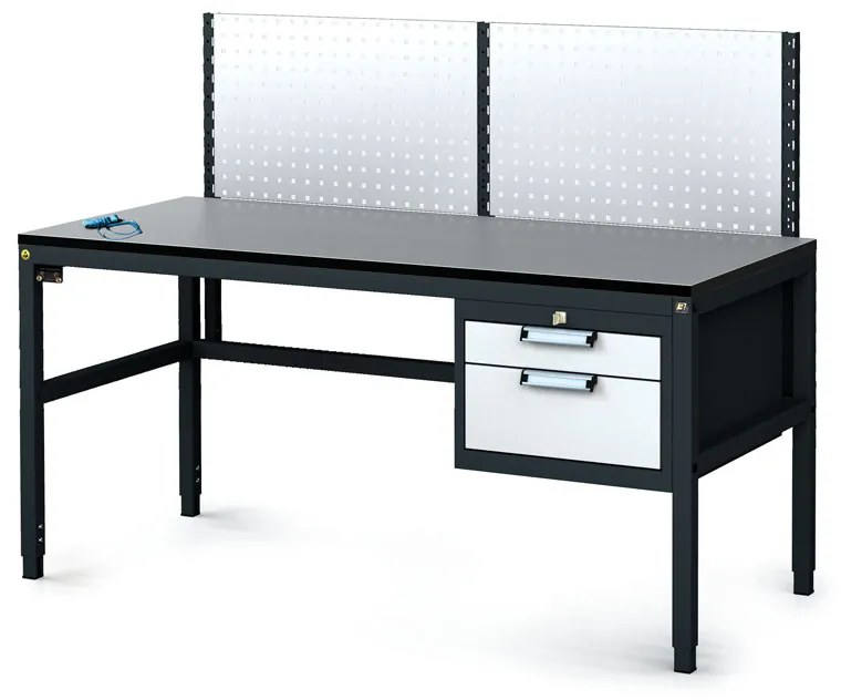 Antistatický dielenský ESD stôl s perfopanelom, 2 zásuvkový box na náradie, 1600x800x745-985 mm