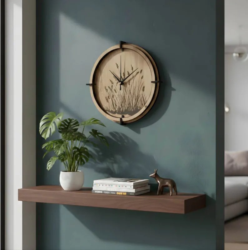 Drevené nástenné hodiny – motív lúčnych tráv | Tichý chod | SENTOP HDF0587-DUB-HALIFAX