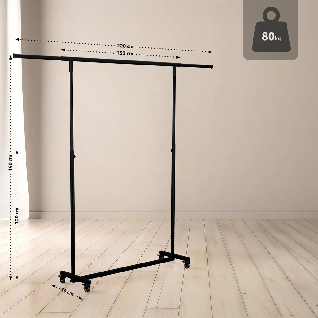 Vešiak na oblečenie s kolieskami Soran 150x50x188 - čierna