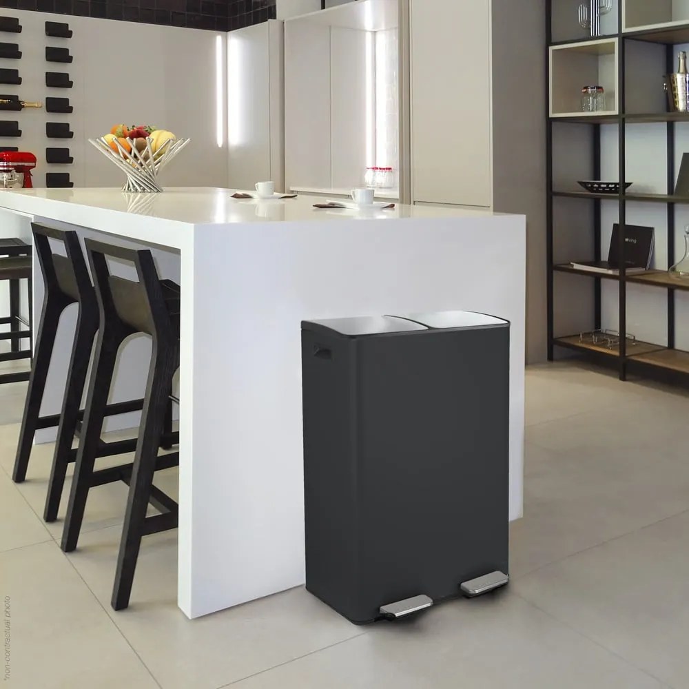 Matne čierny oceľový odpadkový kôš 2x30 l na triedený odpad/nášľapný Aliya – Spirella