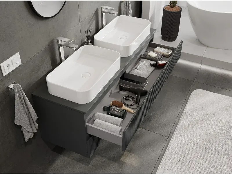 Mexen Rivel, kúpeľňová skrinka pod umývadlo 140 cm s hornou doskou, 2 zásuvky, drážkovaná, grafit matná - 91A20-14047-2-BFFC66