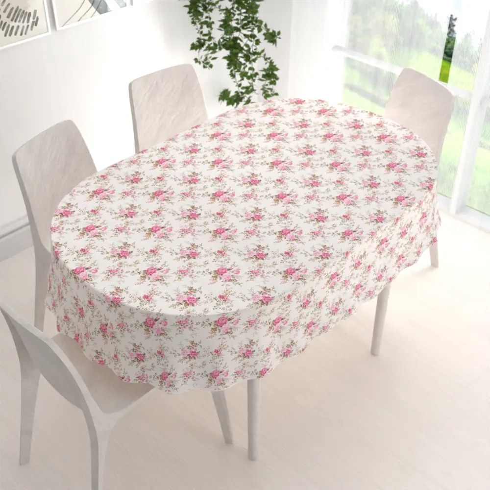 Biante Dekoračný oválny obrus PML-107 Ružové ružičky na bielom 140x200 cm