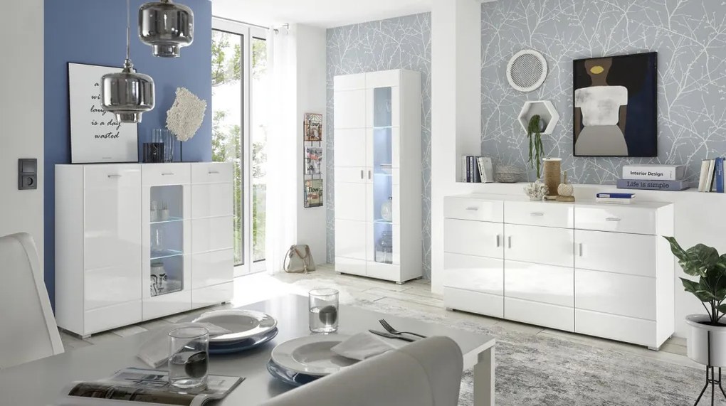 Vysoká komoda s presklením Enrique, biela lesk