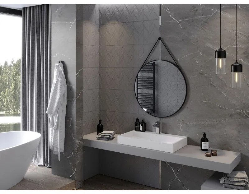 Mexen String, okrúhle kúpeľňové zrkadlo na pásiku 80 cm, farba rámu čierna matná, 9854-080-080-000-70