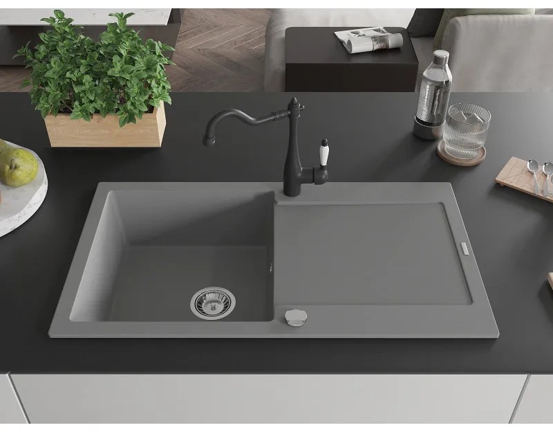 Mexen Leo, 1-komorový granitový drez 900x500x190 mm a drezová batéria Carla, šedá, 6501-71-670700-70