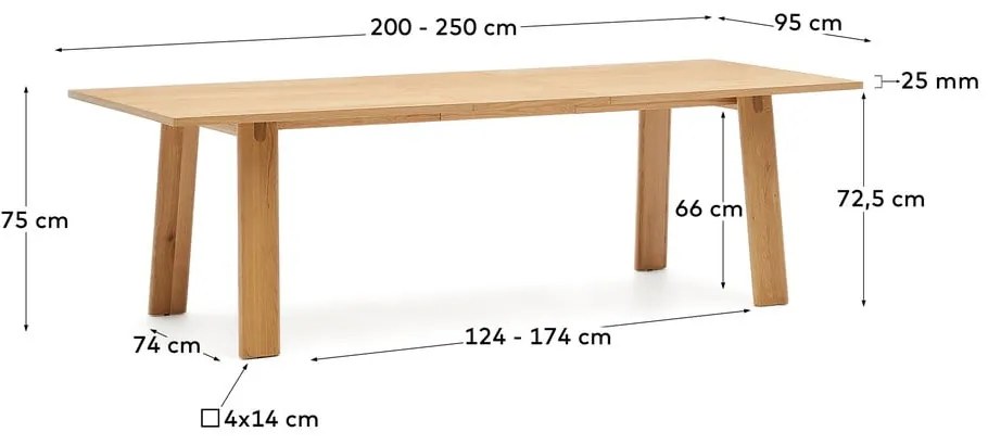 Rozkladací jedálenský stôl s prídavnou doskou s doskou v dubovom dekore 95x200 cm Arlen – Kave Home