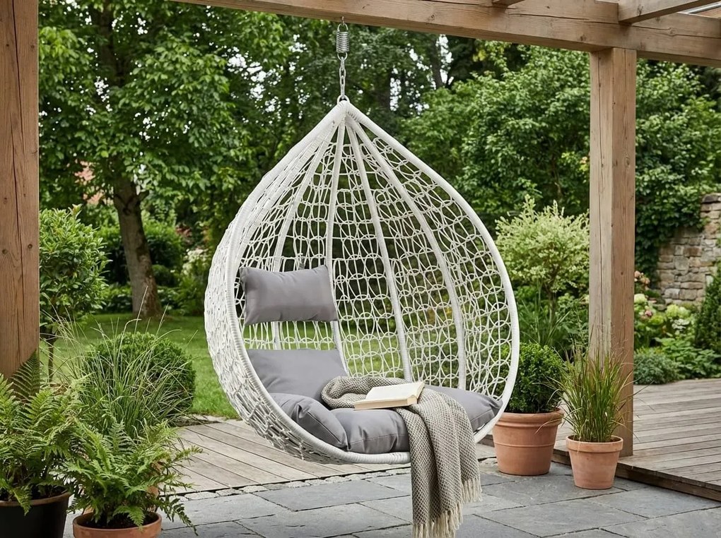 Biele závesné kreslo KOKON bez stojanu, svetlý vankúš