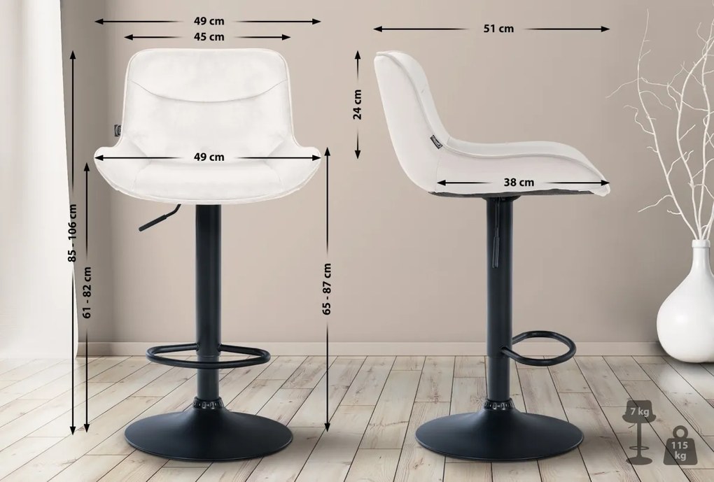 2x Barová stolička Vonore - zamat, čierny rám - Krémová