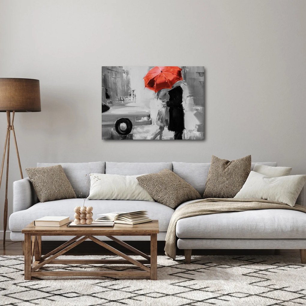 Obraz - Zamilovaný pár pod dáždnikom, červený (70x50 cm)