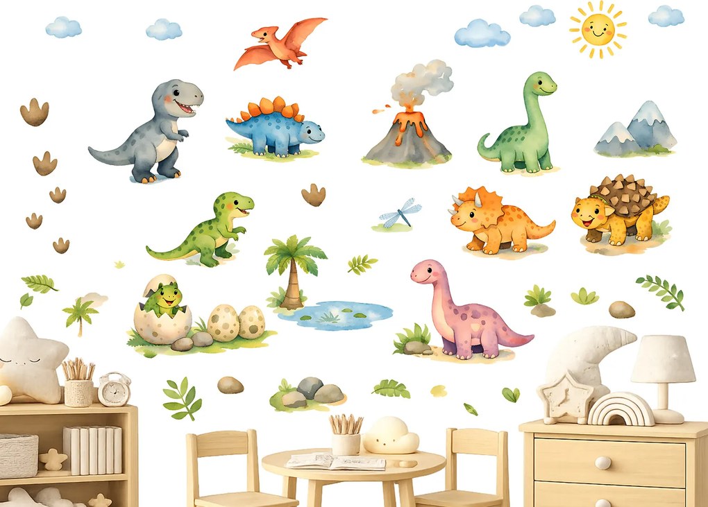 Kreslenie dinosaury textilní prelepiteľné nálepky na stenu hárok 32 x 46 cm