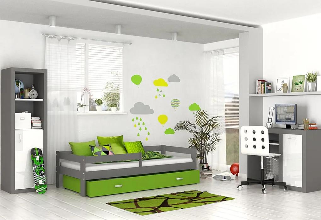 Detská posteľ HUGO s farebnou zásuvkou+matrac, 180x80, sivá/zelená