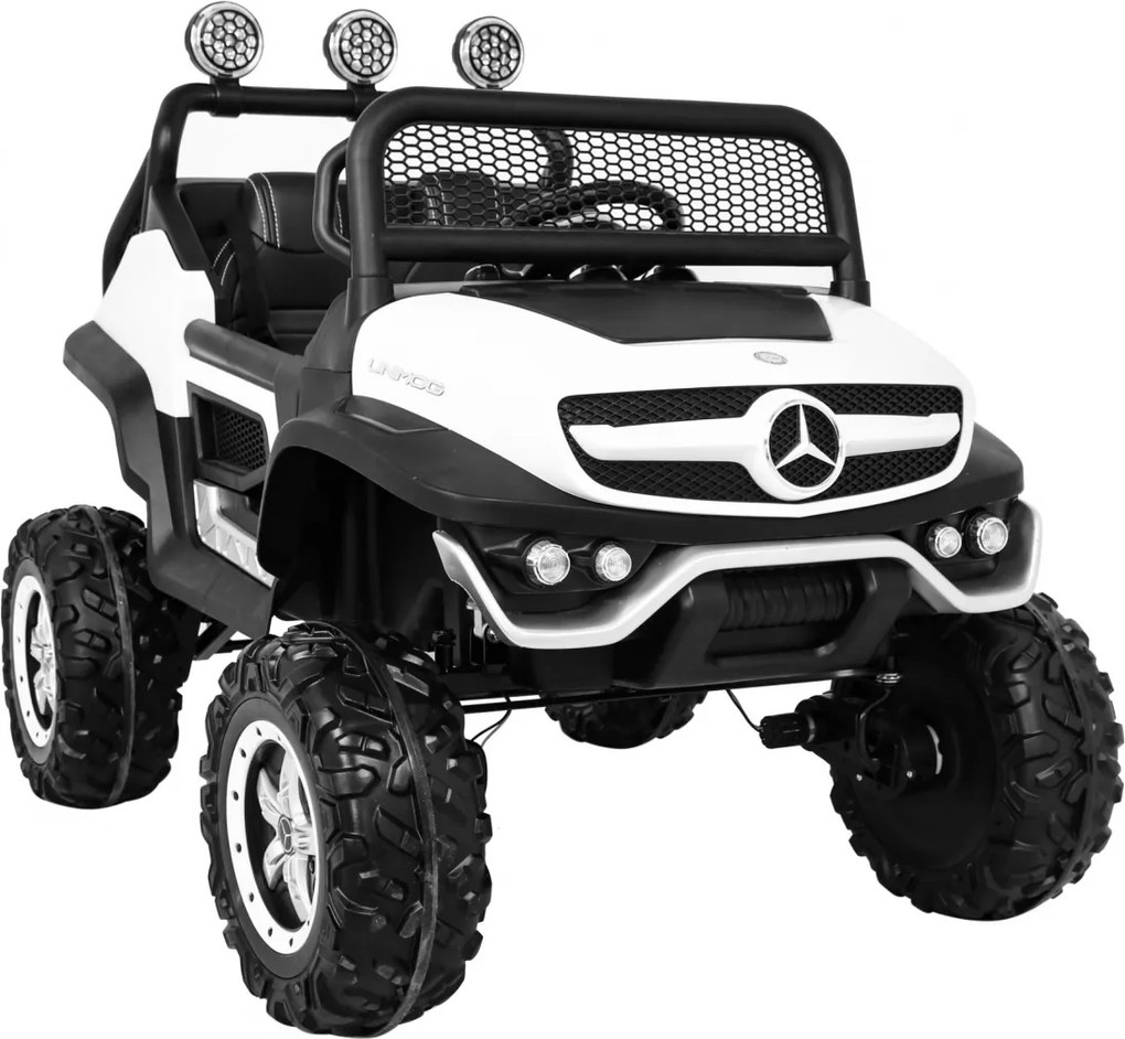 Ramiz Mercedes Benz Unimog elektrické autíčko pre deti biele + pohon 4x4 + diaľkové ovládanie + nosič batožiny + pomalý štart + MP3 + LED