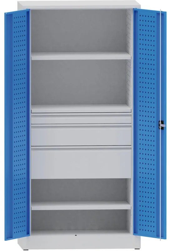 Dielenská kovová skriňa na náradie KOVONA, 2 police, 3 zásuvky, zváraná, nosnosť 50 kg, 950 x 500 x 1950 mm