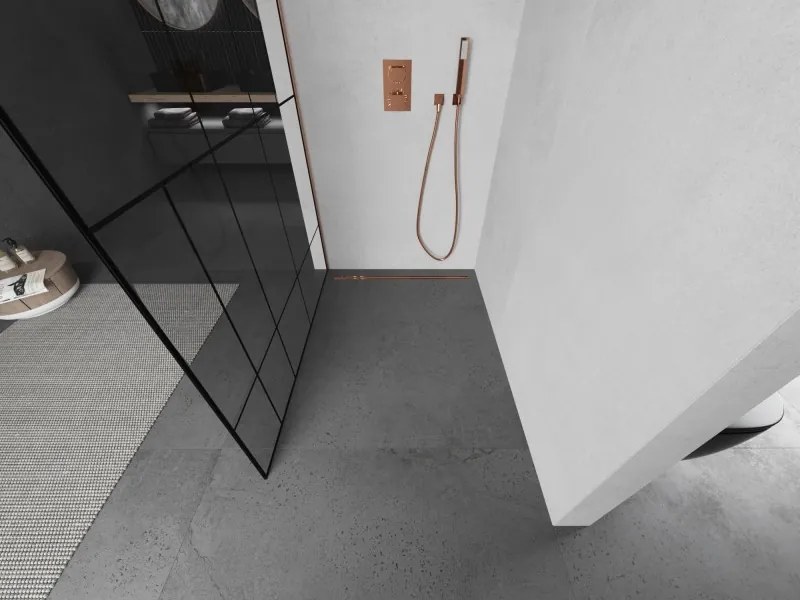Mexen Kioto L, sprchová zástena Walk-In 70 x 200 cm, 8mm číre sklo čierny vzor, medený matný profil, 800-070-103-65-78