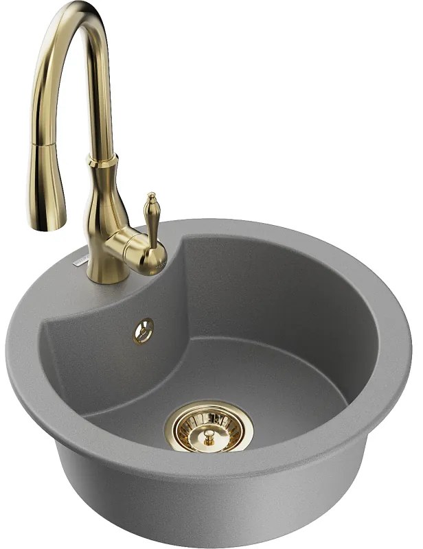 Mexen Diego, 1-komorový granitový drez 488x488x167 mm a drezová batéria Savita, šedá, 6512-71-672601-50