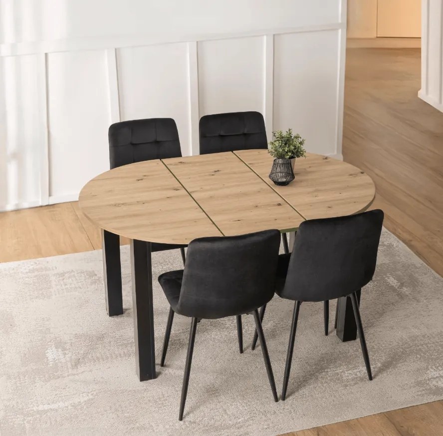 Sada stola HARRY 102-142 cm, dub Artisan/čierna, a 4 čiernych stoličiek PERU