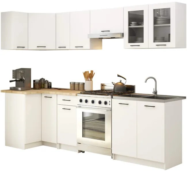 Rohová kuchynská linka OLIVIA 3 m s vitrínou biela