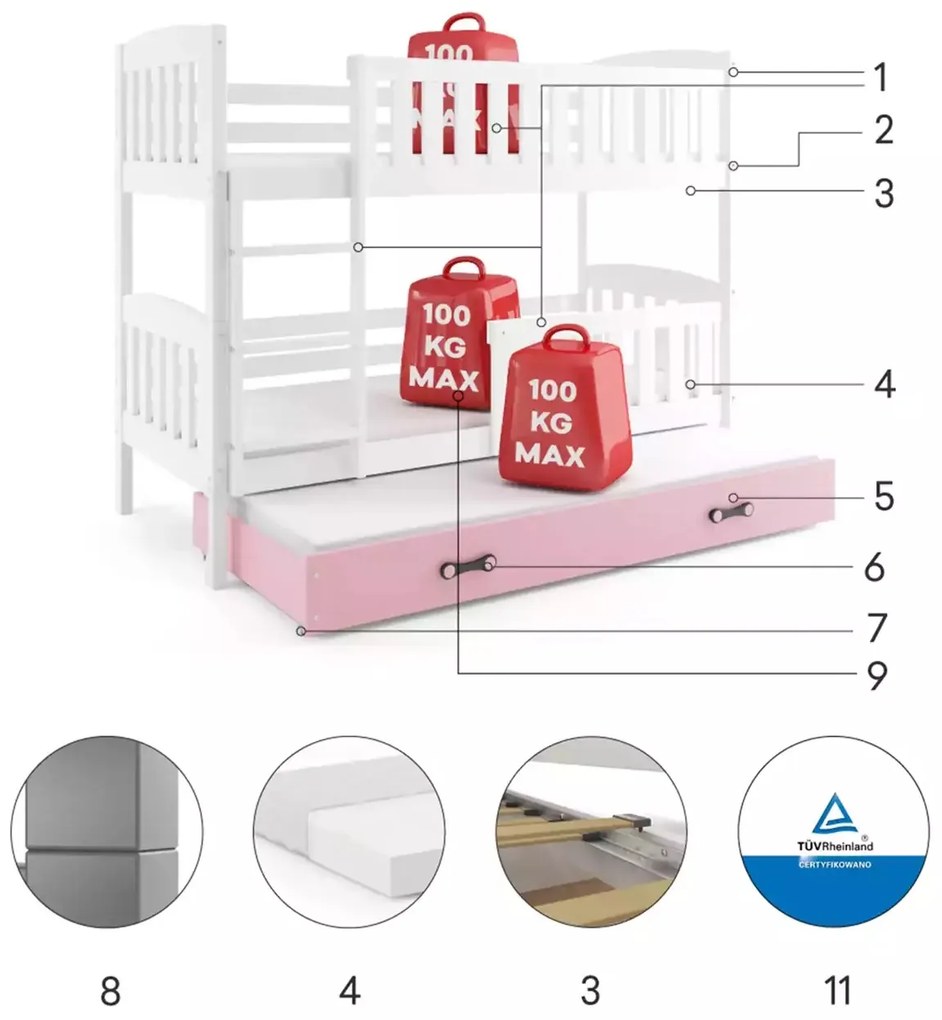 Poschodová posteľ s prístelkou KUBO 3 200x90 biela - ružová