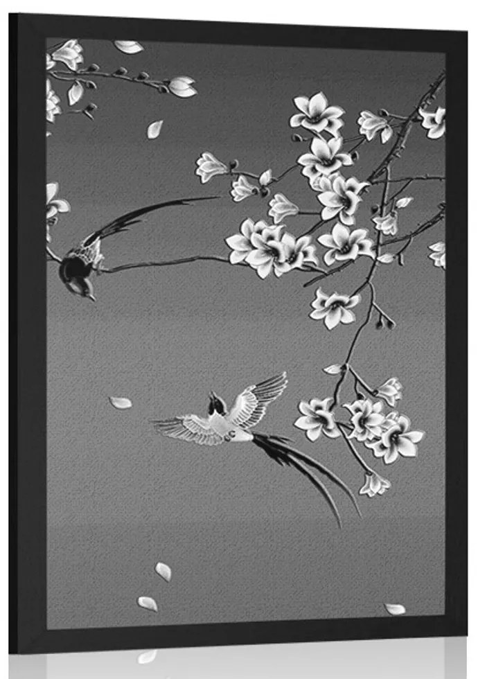 Plagát čiernobiele vtáčiky na konári stromu - 30x45 black