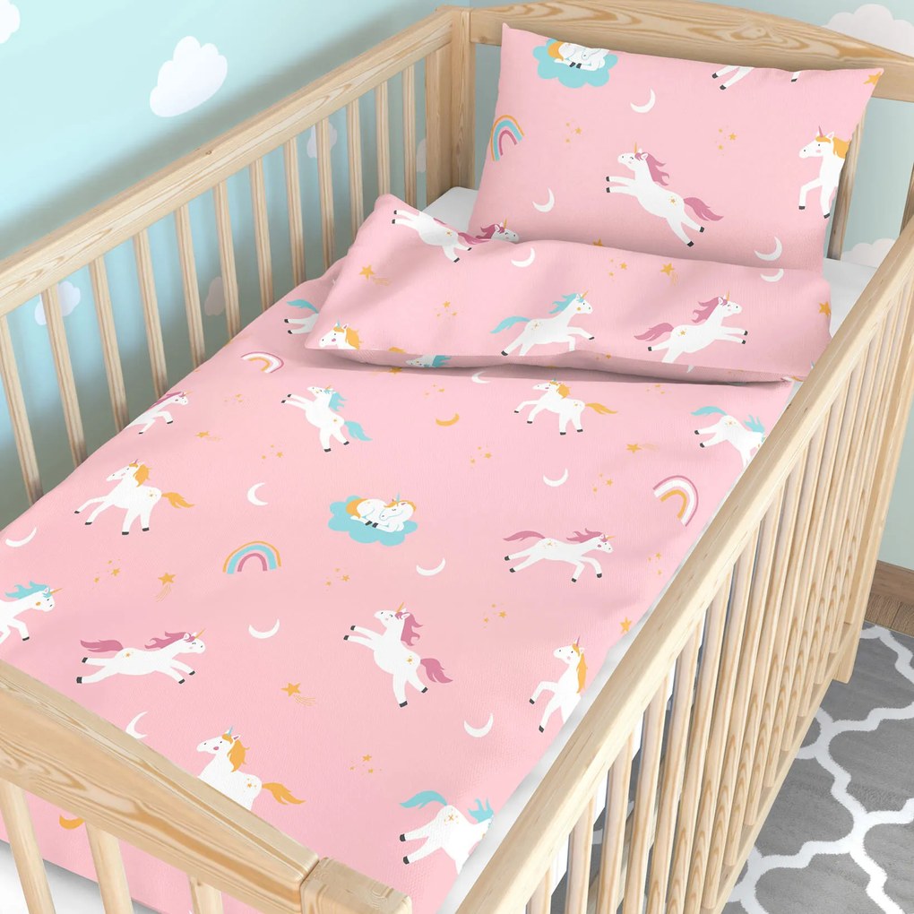 Goldea detské bavlnené obliečky do postieľky - veselí jednorožci 100 x 135 a 40 x 60 cm