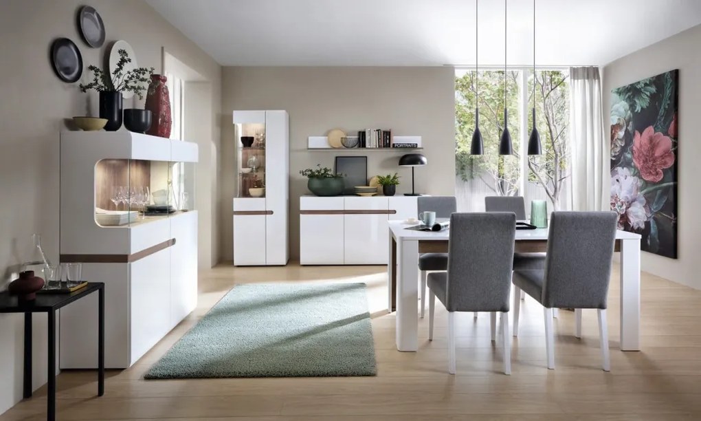 Vysoká vitrína Linate, biely lesk/dub, ľavá