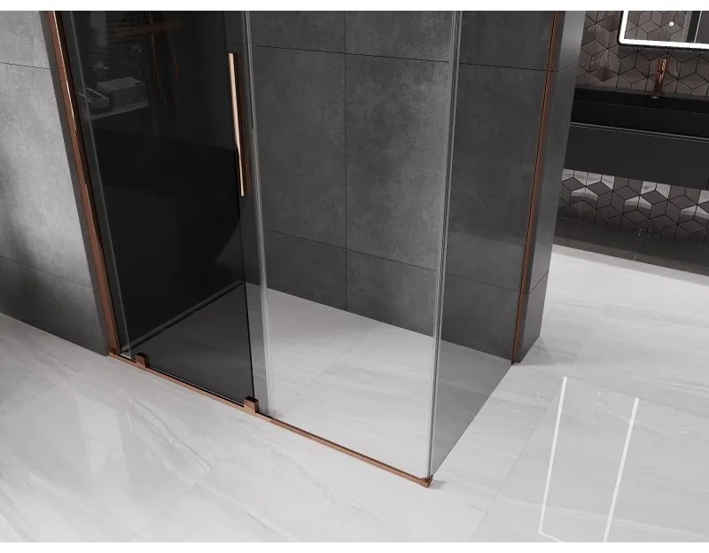 Mexen Velar, sprchový kút s posuvnými dverami 160 x 90 cm, 8mm šedé sklo, ružové zlato, 871-160-090-41-60