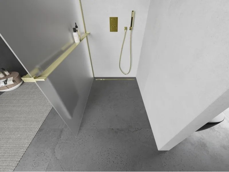 Mexen Kioto+, sprchová zástena Walk-In s poličkou a vešiakom 70 x 200 cm, 8mm sklo námraza, zlatý matný profil, 800-070-121-55-30