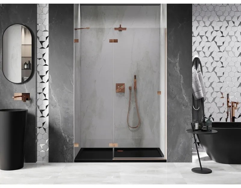 Mexen Lunar, ľavé výklopné sprchové dvere 130 cm, 8mm číre sklo, medený matný profil, 834-130-000-65-00-L